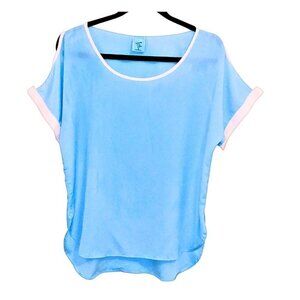 H.I.P. COLLECTIONS BLUE & WHITE HIGH LOW SHORT SLEEVE BLOUSE WITH COLD SHOULDER